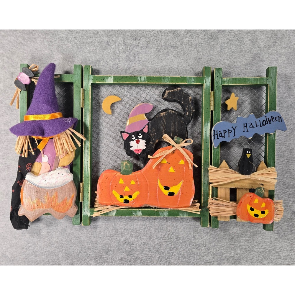 Vintage 90s Halloween Wood Table Decor Green Rustic Witch Cat Pumpkin Spooky
